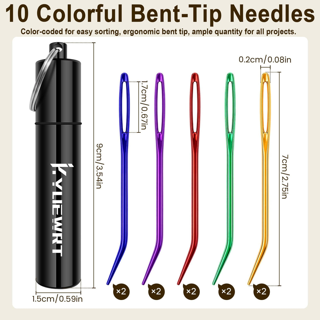 Set of 10 colorful bent-tip darning needles with an aluminum storage tube, showing dimensions.