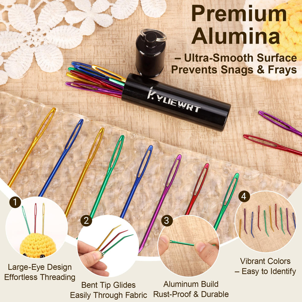 Set of 10 large-eye bent tapestry needles in a black storage tube, with callouts showing features.