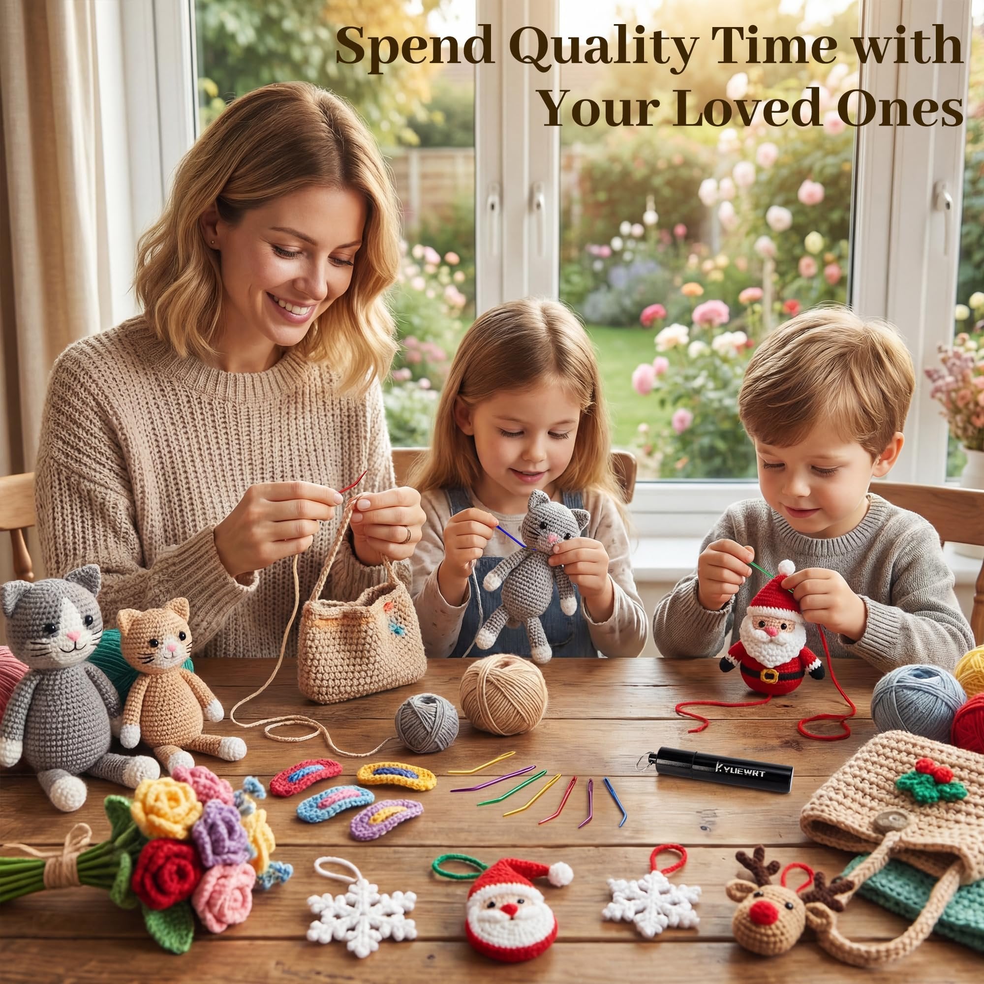 Family crocheting together, with yarn, needles, and finished projects like cats and Santa on a wooden table.