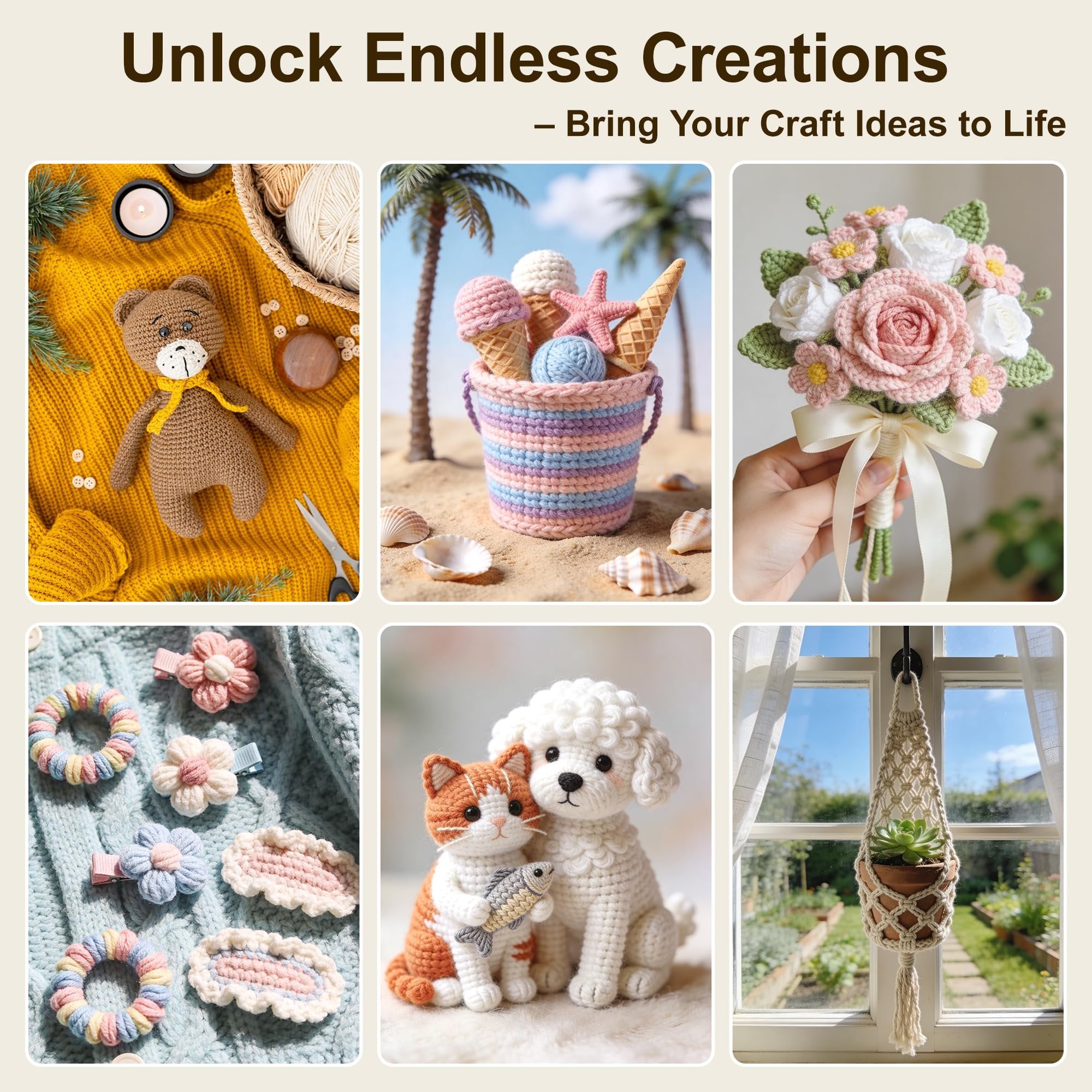 Collage of crochet crafts including a teddy bear, ice cream cones, a bouquet, hair clips, a cat and dog, and a plant hanger.