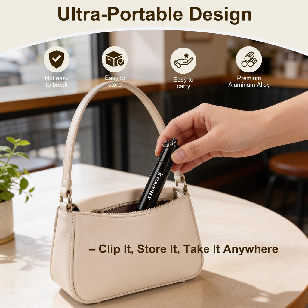Hand placing black aluminum storage tube with logo into a cream handbag