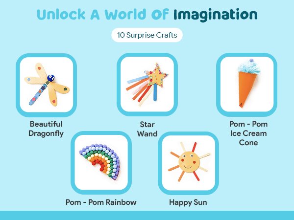 Five different kids' craft projects: dragonfly, star wand, ice cream cone, rainbow, and sun, displayed in rounded squares.