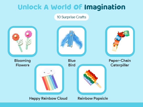 Five different craft projects for kids: blooming flowers, blue bird, paper-chain caterpillar, happy rainbow cloud, and rainbow popsicle.