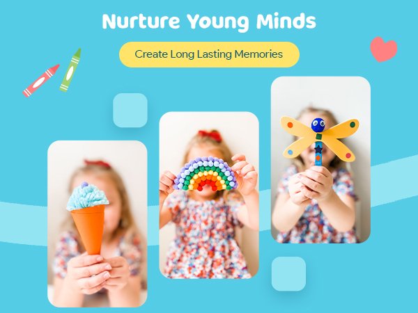Three children holding colorful crafts: an ice cream cone, a rainbow, and a dragonfly. Background is light blue with decorative elements.