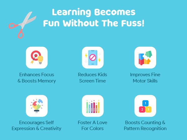 Kids craft box benefits infographic with scissors icon and six feature icons.