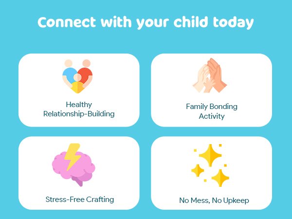 Four illustrated panels with text callouts about crafting benefits: healthy relationship-building, family bonding activity, stress-free crafting, and no mess, no upkeep.