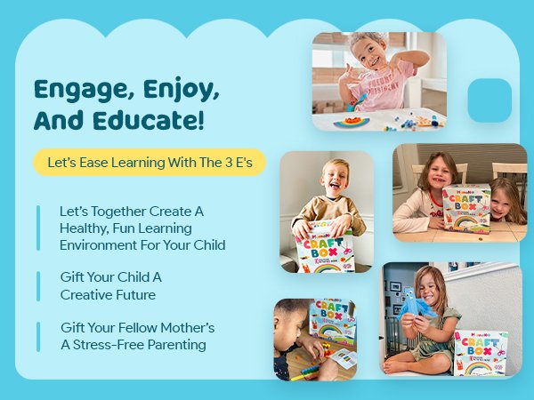 Collage of children engaging with a craft box, with text overlays about learning and creativity.