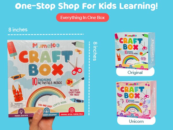 Craft box with 10 engaging activities inside, shown with dimensions and two box variations.