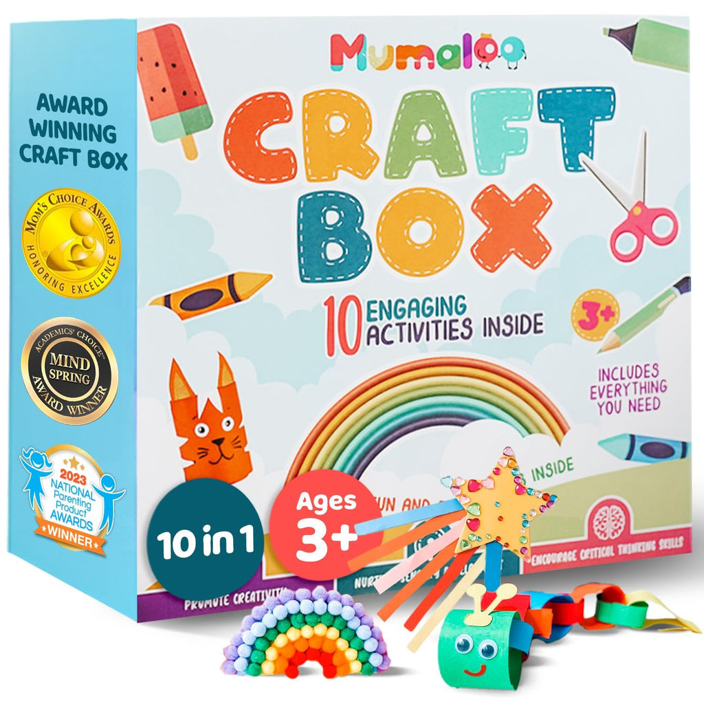 Craft box with colorful letters spelling 'CRAFT BOX', featuring award badges and craft projects.