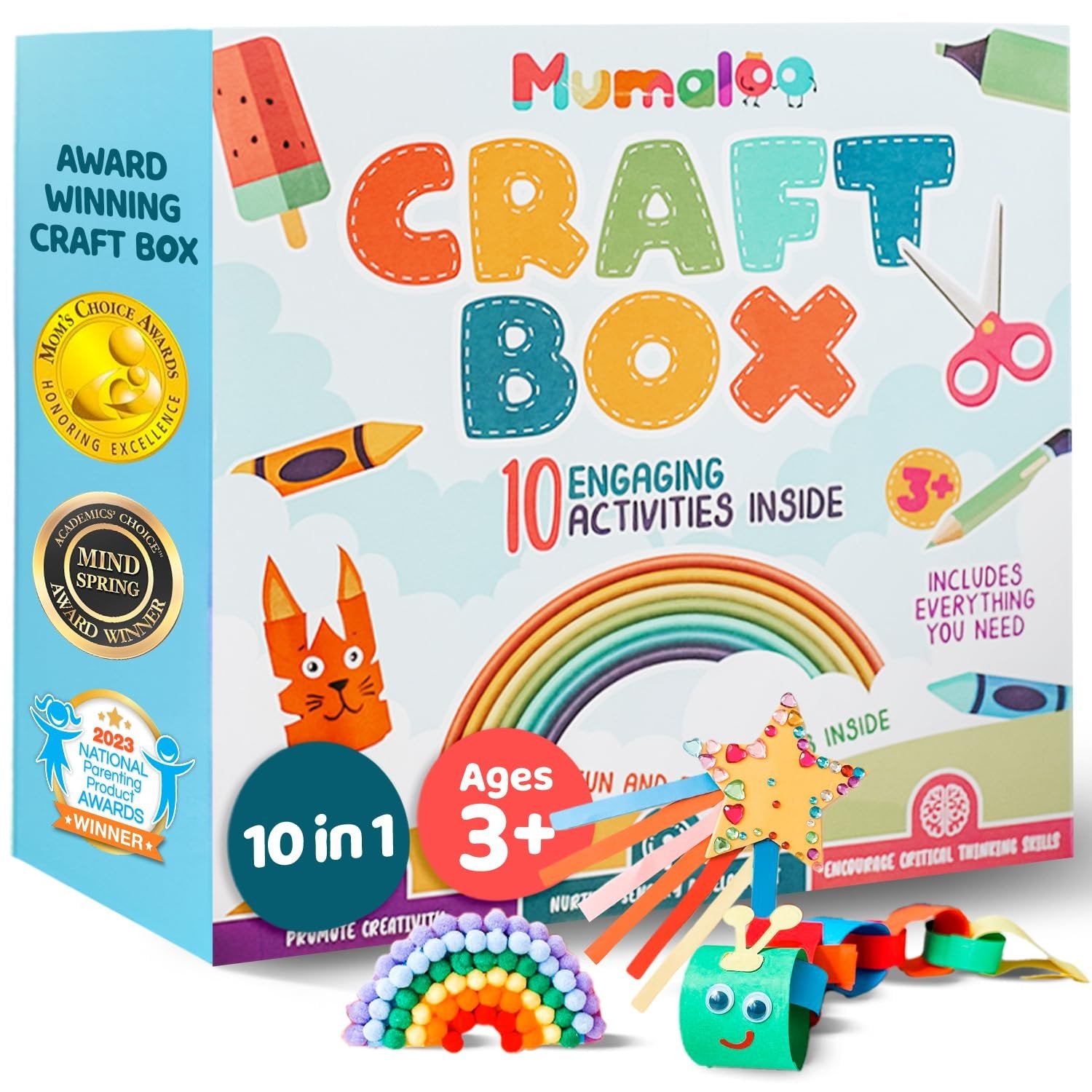 Craft box with colorful letters spelling 'CRAFT BOX', featuring award badges and craft projects.