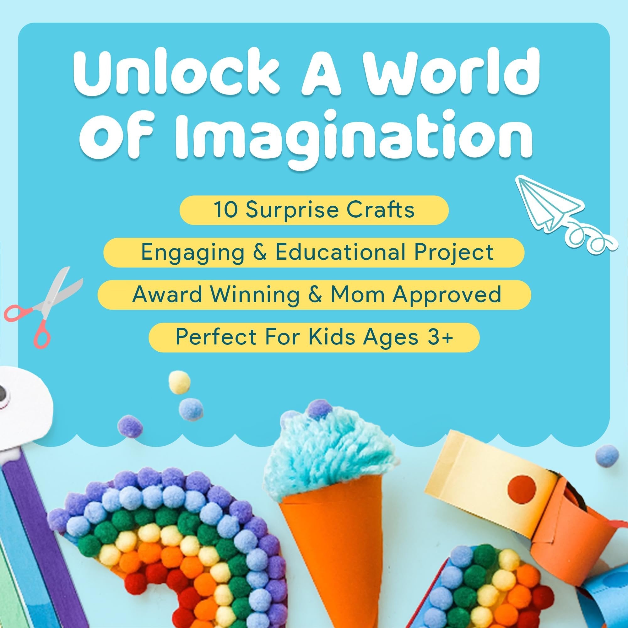 Kids craft projects including a rainbow and ice cream cone made with pom poms, with text overlays about imagination and age suitability.
