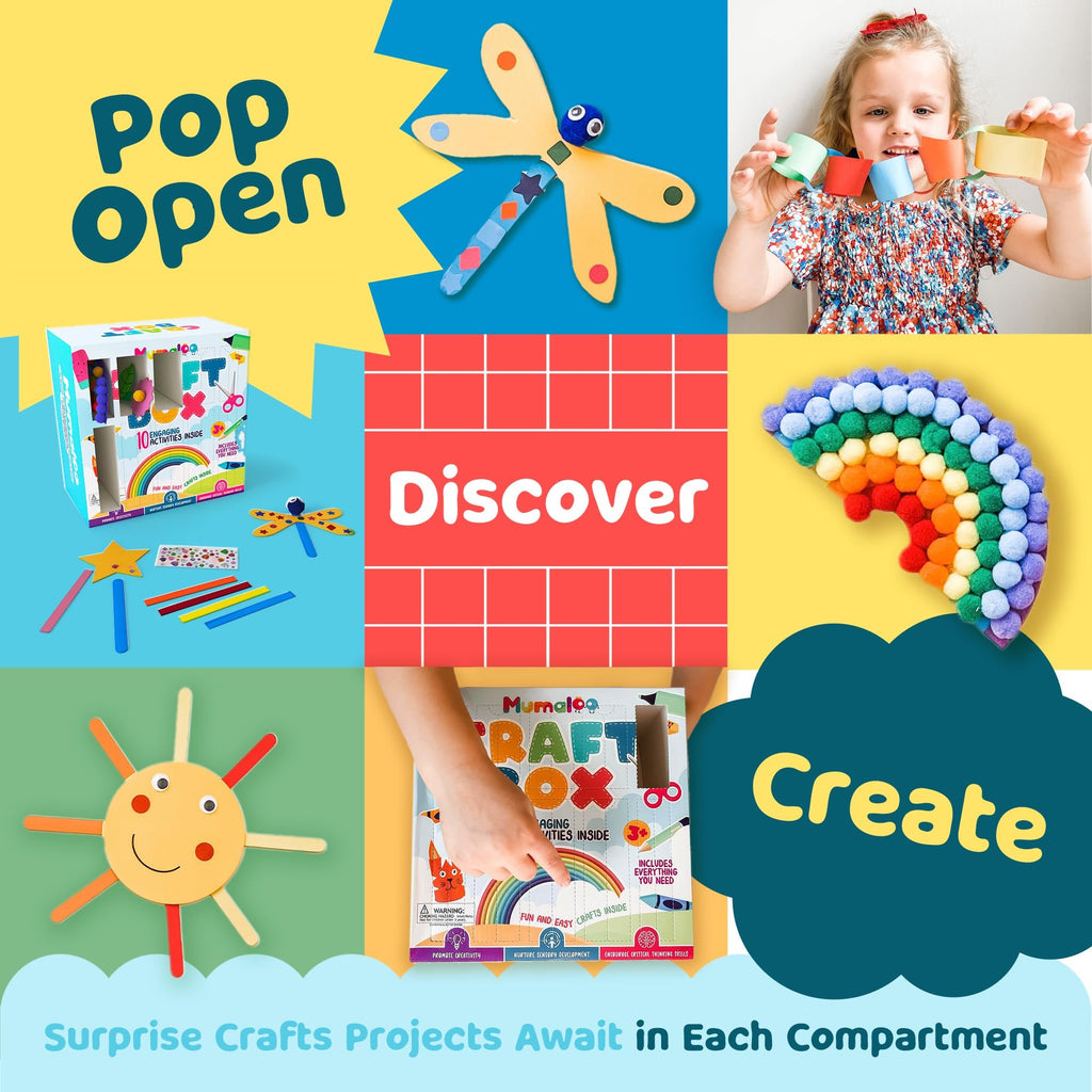 Collage of kids craft box projects including a dragonfly, rainbow, sun, and a girl making a paper chain.