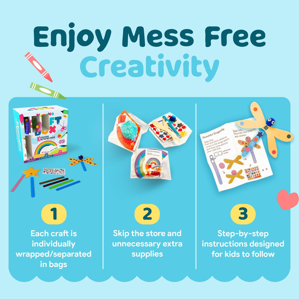 Kids craft box with supplies and instructions for making a dragonfly and rainbow craft.