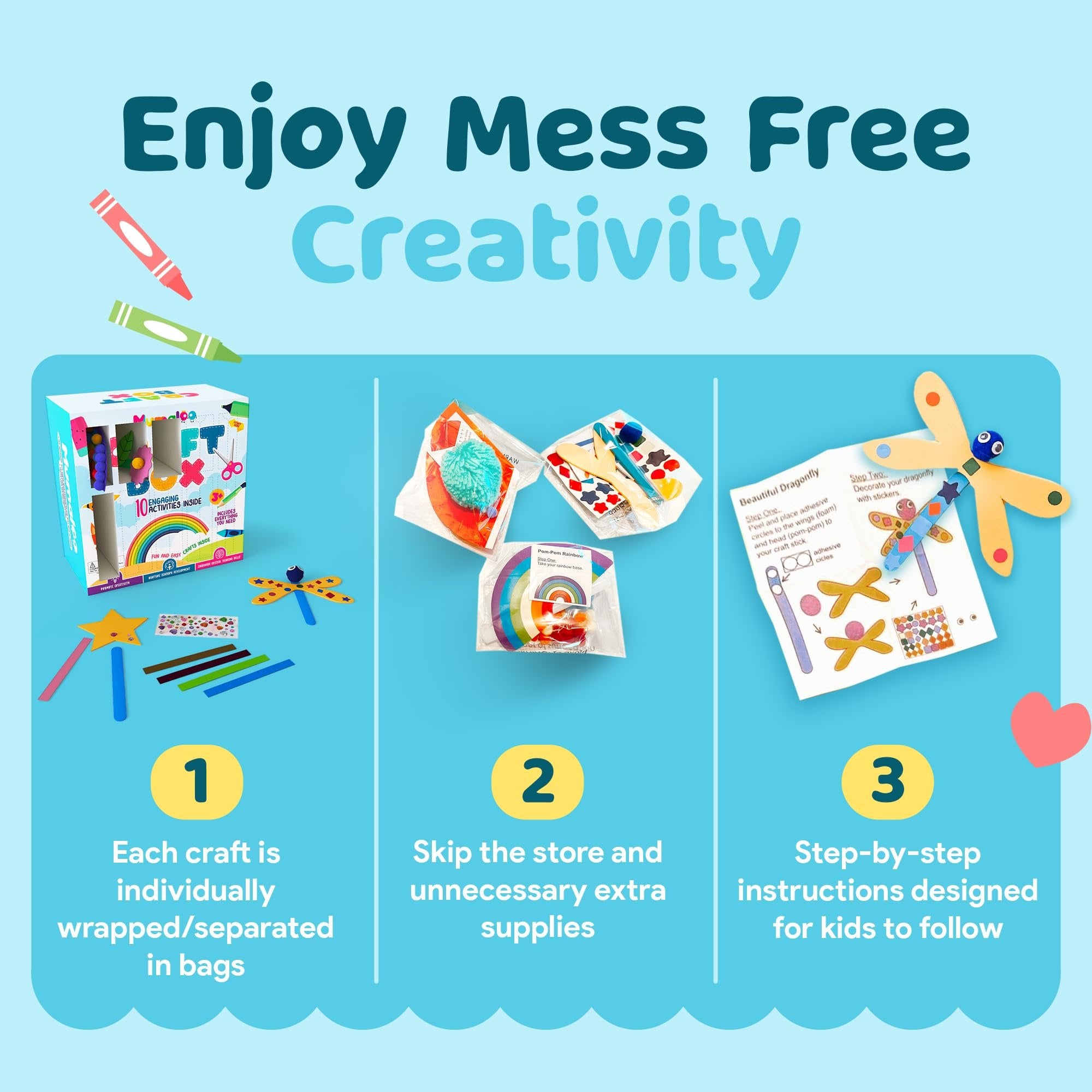 Kids craft box with supplies and instructions for making a dragonfly and rainbow craft.