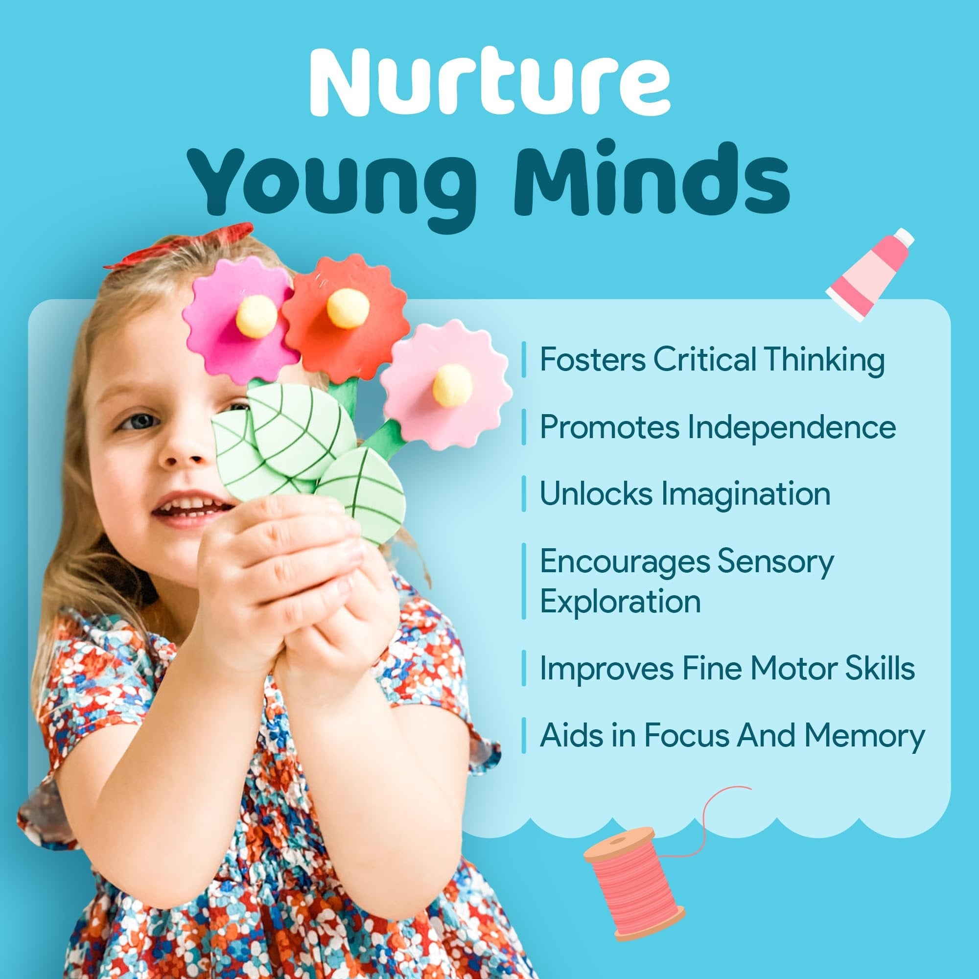 Young girl holding colorful craft flowers with text overlay listing benefits of craft box