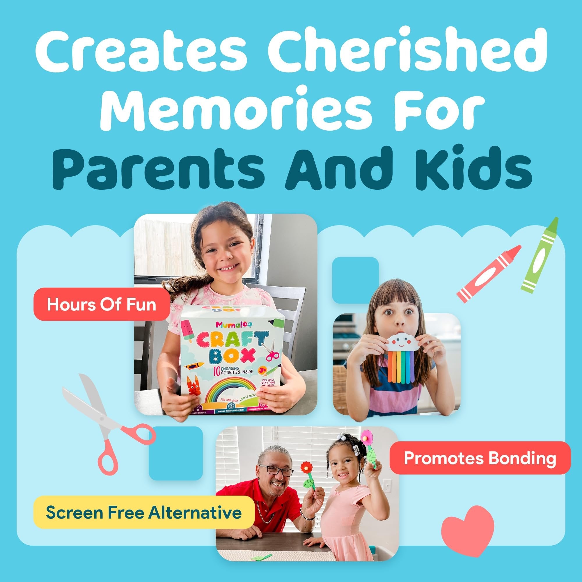 Collage of children and an adult engaging in crafts, with text overlays highlighting benefits.