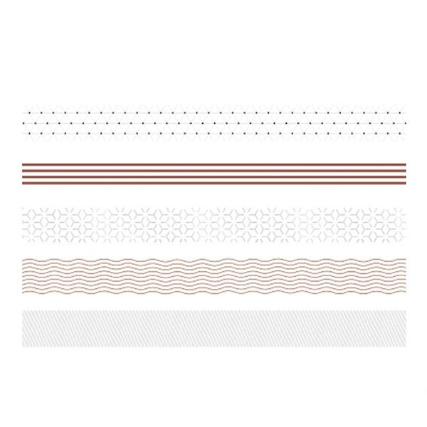 Five decorative washi tape strips with different patterns: dots and triangles, horizontal stripes, geometric shapes, wavy lines, and diagonal lines.