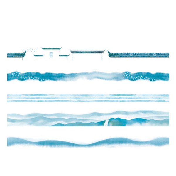 Five decorative washi tape designs with blue watercolor landscape and architectural motifs on a white background.
