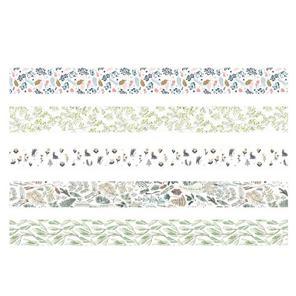 Five decorative washi tape rolls with floral and botanical patterns displayed horizontally against a white background.