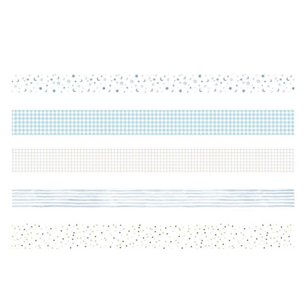Five decorative washi tape patterns including moons and stars, blue gingham, grid, blue stripes, and gold dots