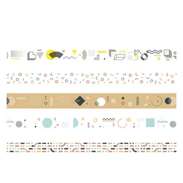 Five rolls of decorative washi tape with geometric patterns and abstract designs.