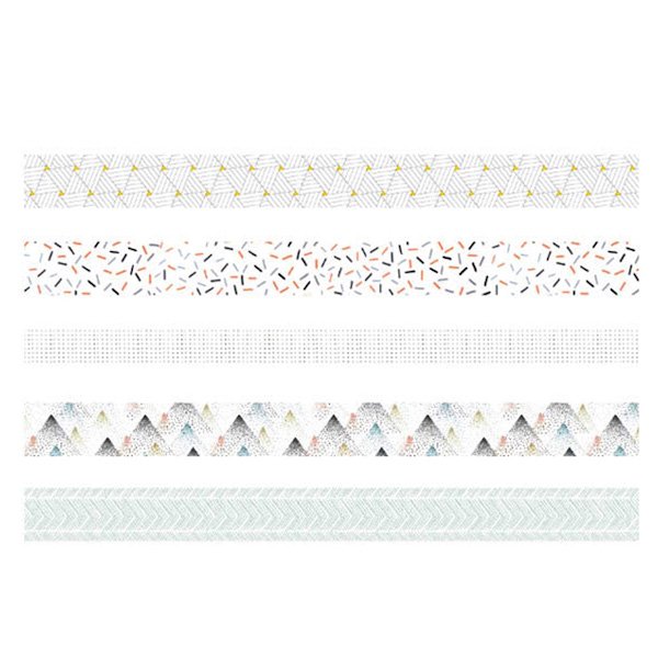 Five decorative washi tape strips with geometric, confetti, dot, mountain, and chevron patterns on a white background.