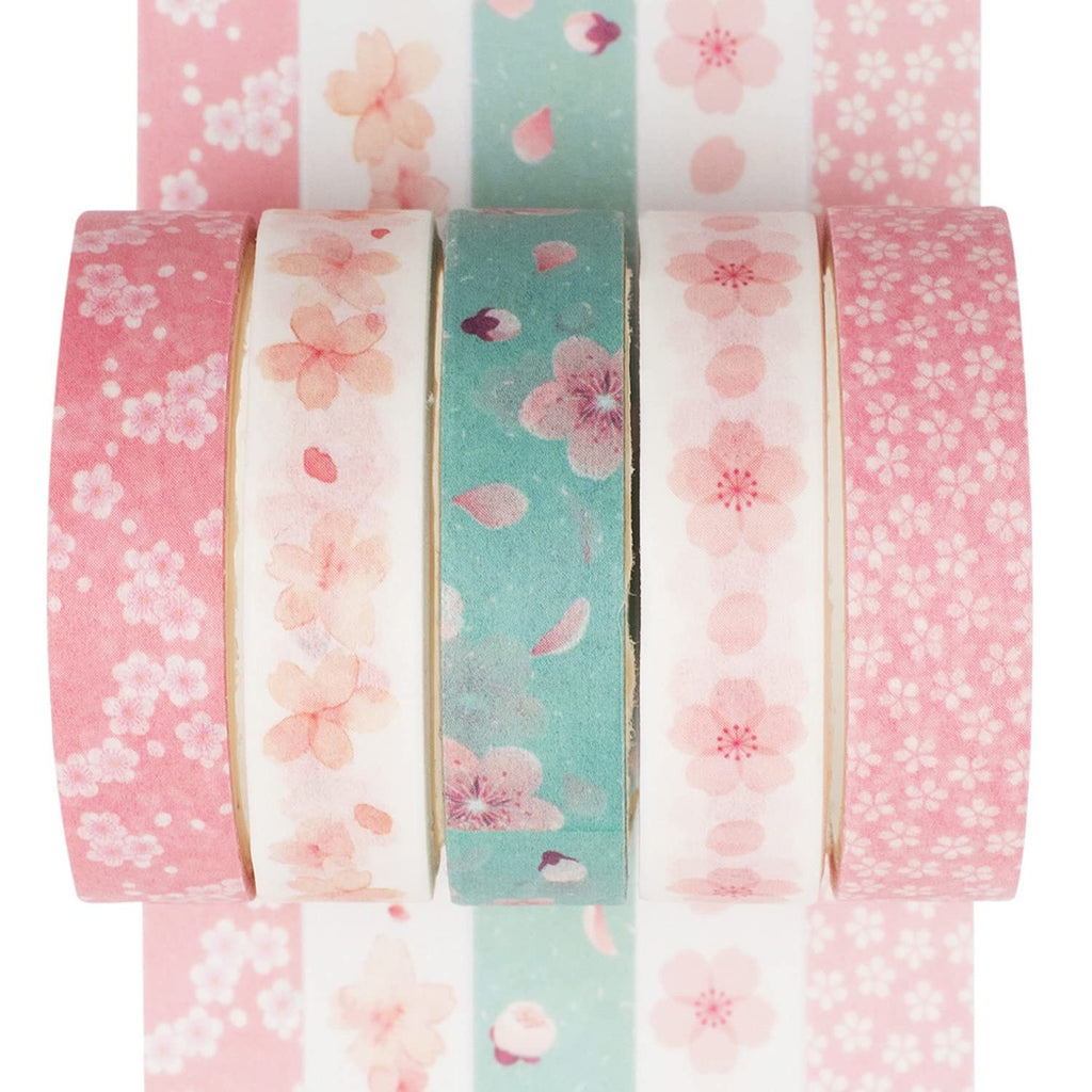 Set of five rolls of decorative washi tape with cherry blossom patterns, arranged vertically.