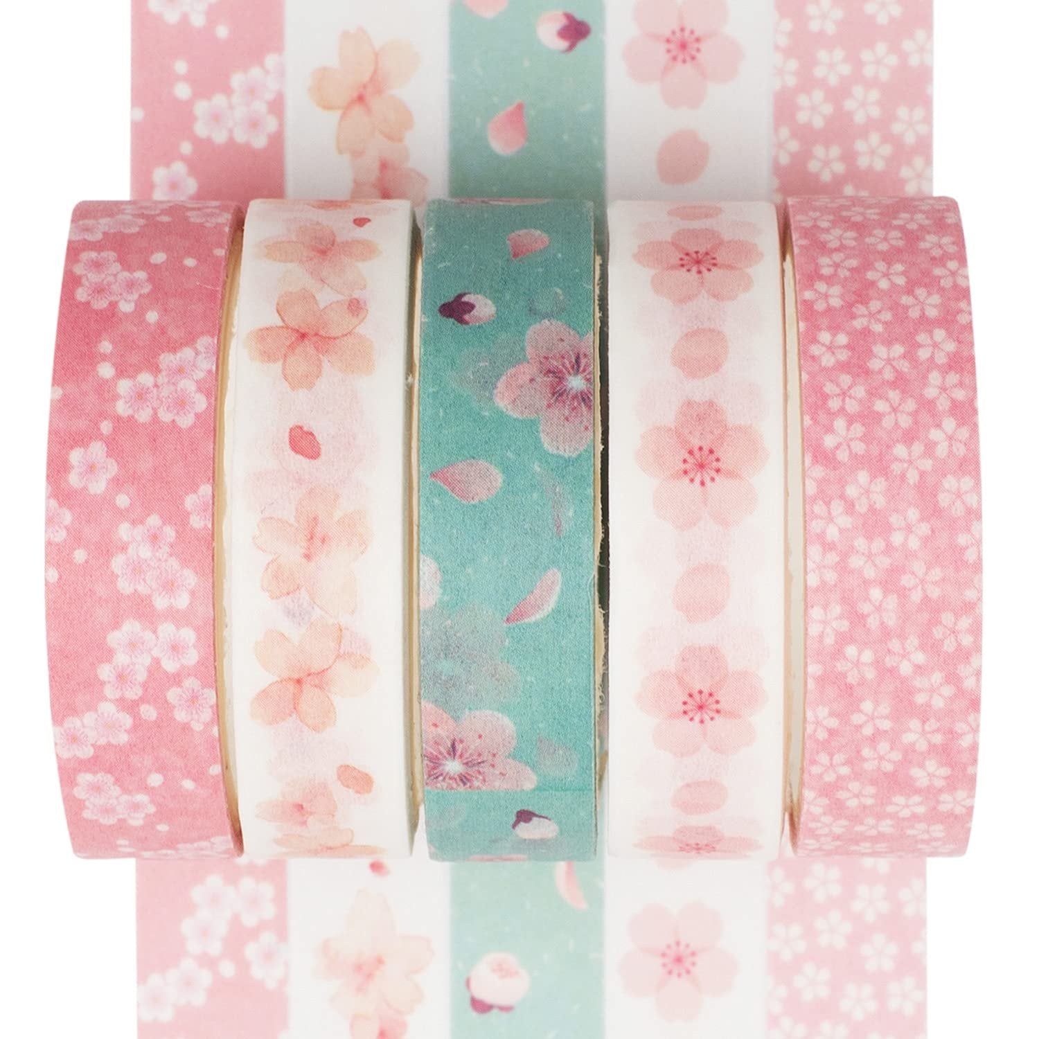 Set of five rolls of decorative washi tape with cherry blossom patterns, arranged vertically.