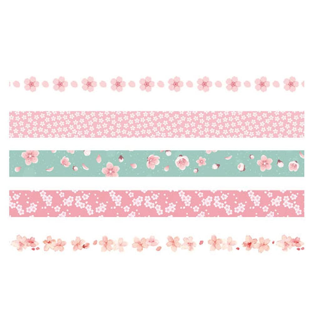 Five decorative washi tape rolls with cherry blossom patterns in pink and teal.