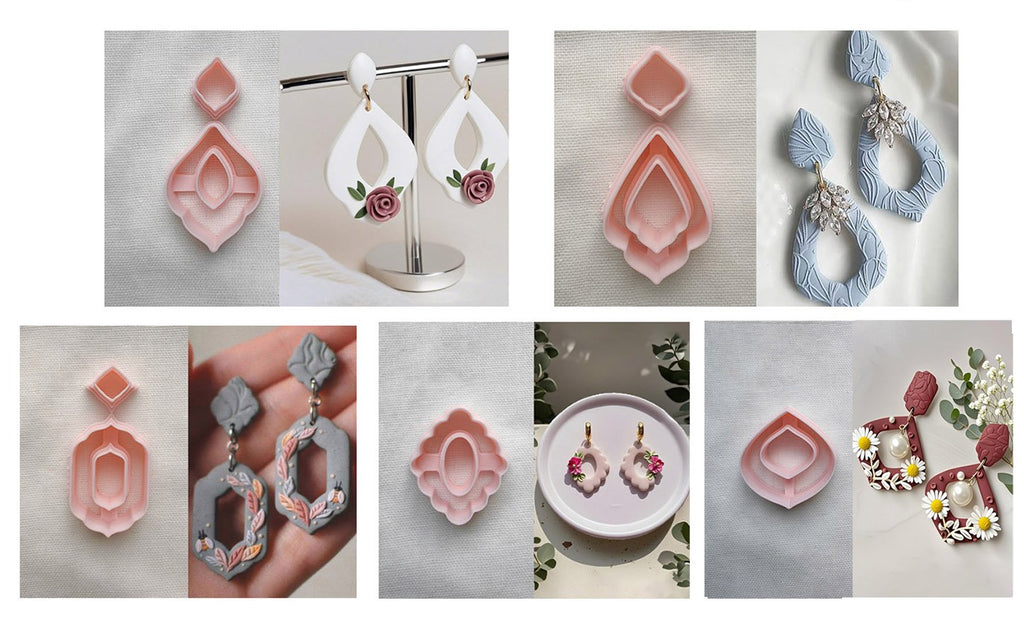 Polymer clay earring cutters in various shapes and sizes, some with finished earrings displayed.