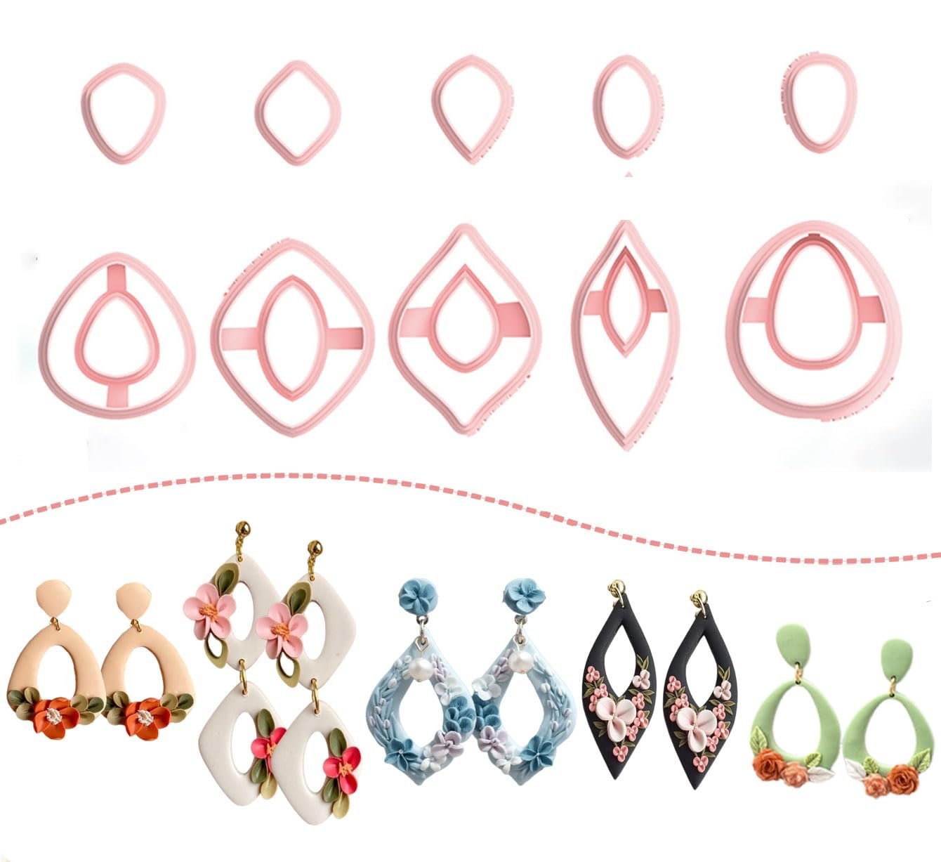 Polymer clay earring cutters and examples of finished earrings in various shapes and colors