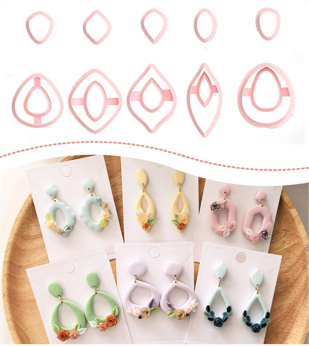 Pink polymer clay earring cutters and finished floral earrings in various colors