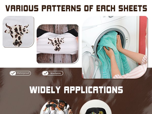 Collage of heat transfer vinyl sheets with cow print, one applied to fabric and one being washed in a machine.