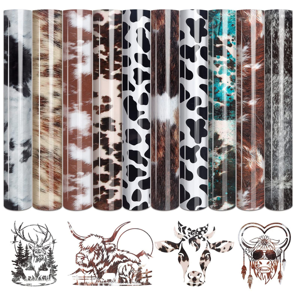 Assortment of heat transfer vinyl sheets with cowhide and animal print patterns, plus four graphic designs of animals.
