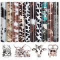 Assortment of heat transfer vinyl sheets with cowhide and animal print patterns, plus four graphic designs of animals.