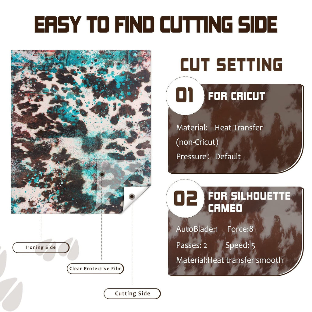 Heat transfer vinyl sheet with cowhide pattern, showing ironing and cutting sides, with cut settings for Cricut and Silhouette Cameo.