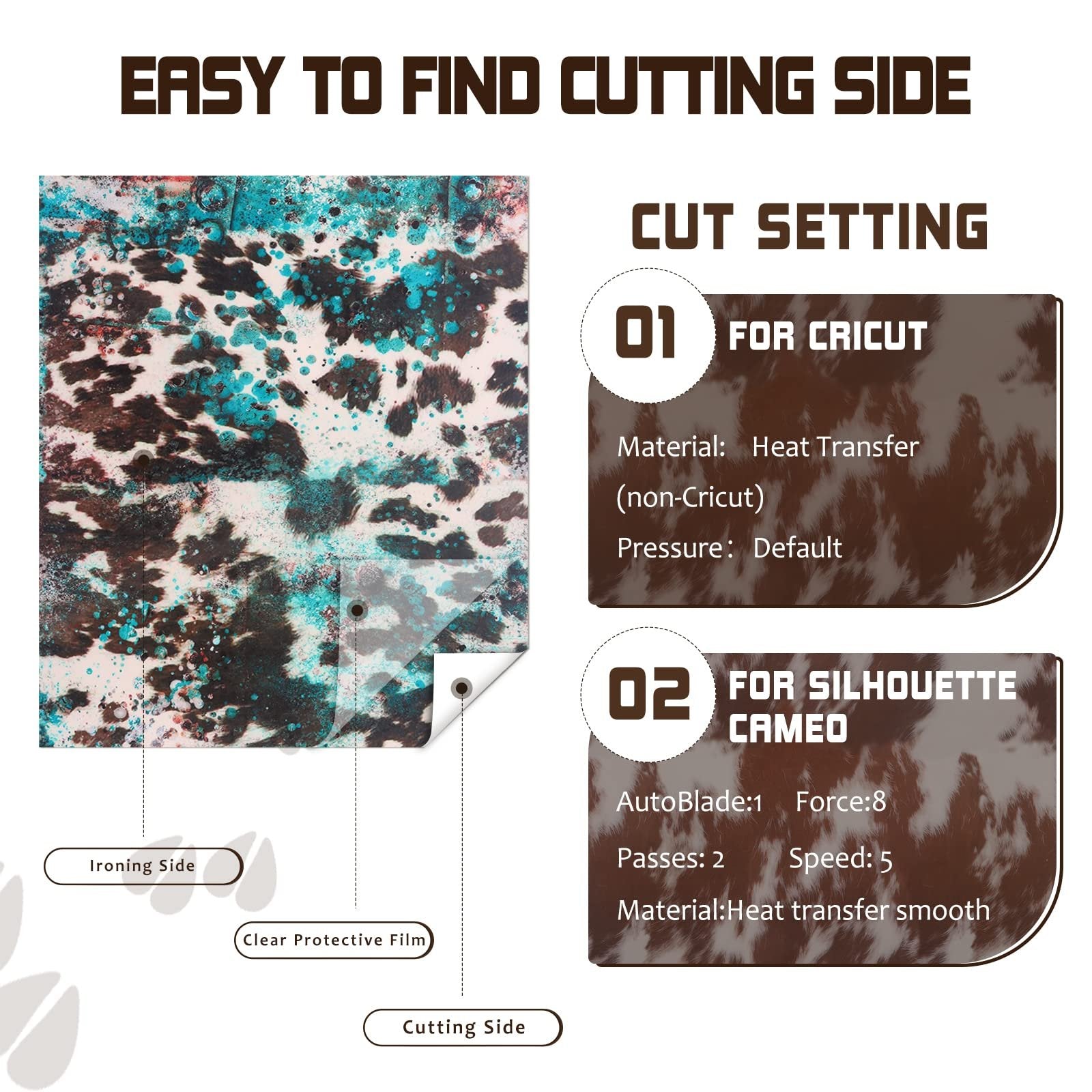 Heat transfer vinyl sheet with cowhide pattern, showing ironing and cutting sides, with cut settings for Cricut and Silhouette Cameo.
