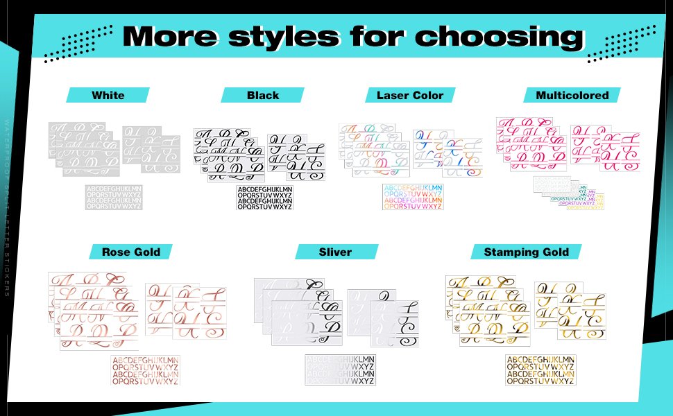 Collage of split letter monogram stickers in various colors and styles, including white, black, rose gold, silver, and gold.
