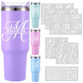 Split letter monogram stickers and personalized tumblers in purple, light blue, pink, and light blue.