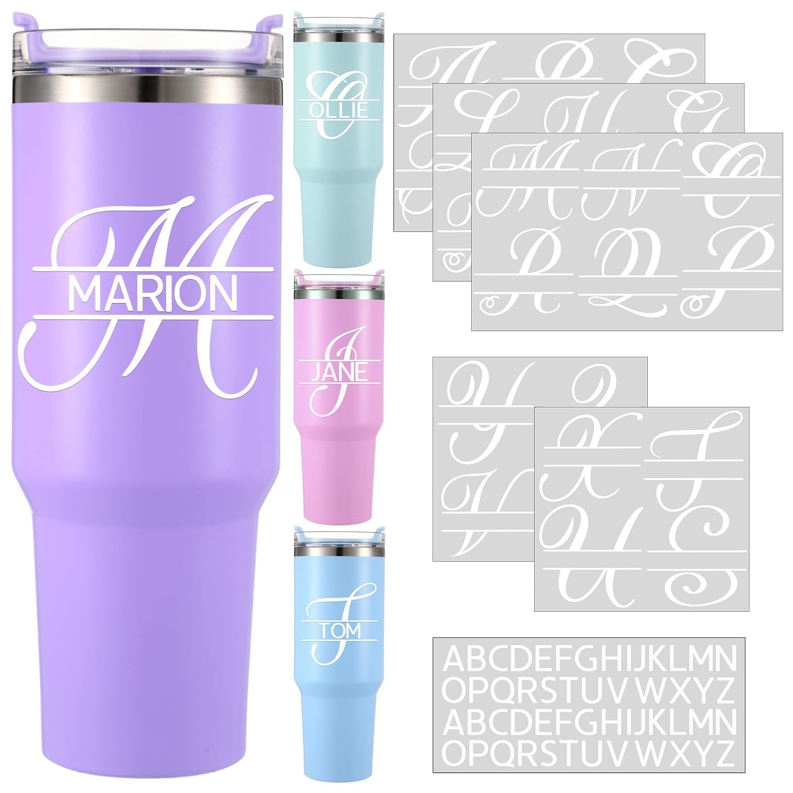 Split letter monogram stickers and personalized tumblers in purple, light blue, pink, and light blue.