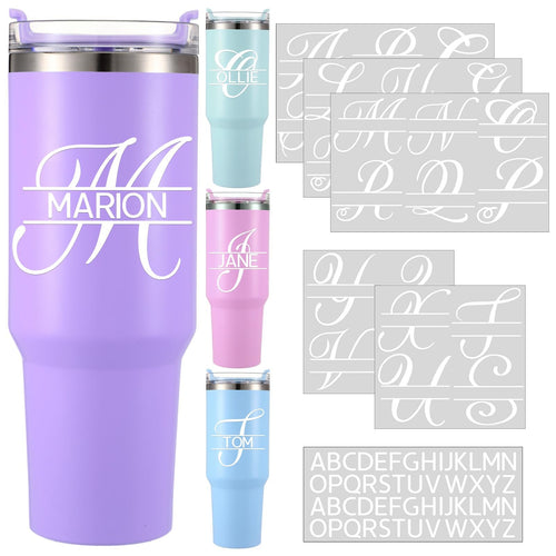 Split letter monogram stickers and personalized tumblers in purple, light blue, pink, and light blue.