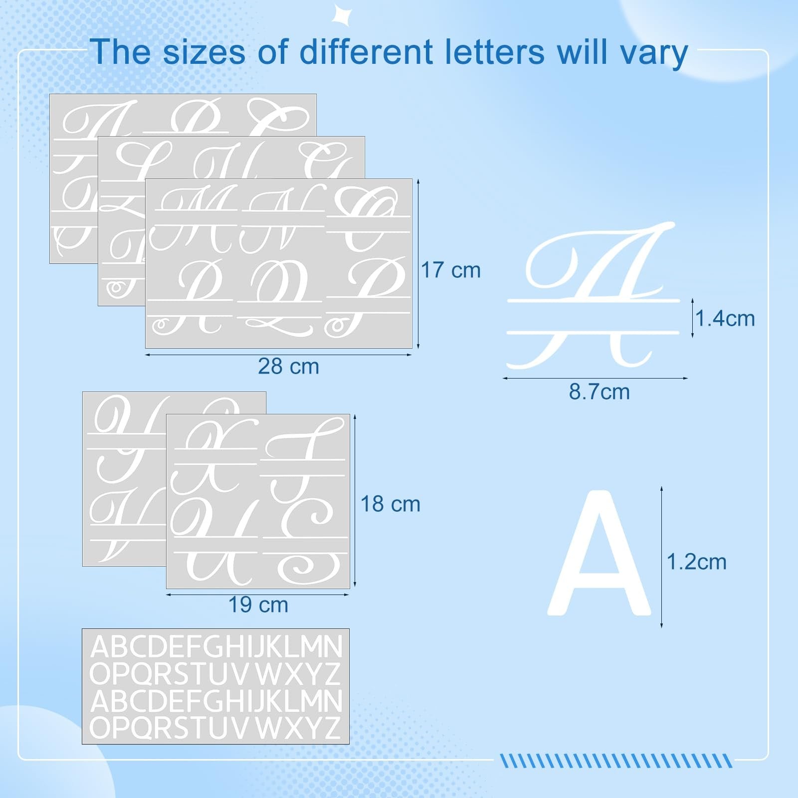 Split letter alphabet stickers shown with dimensions and examples of individual letters.