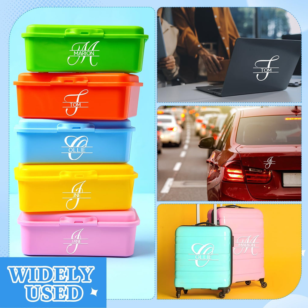 Stack of colorful storage boxes with personalized name decals, laptop with decal, car with decal, and luggage with decals.