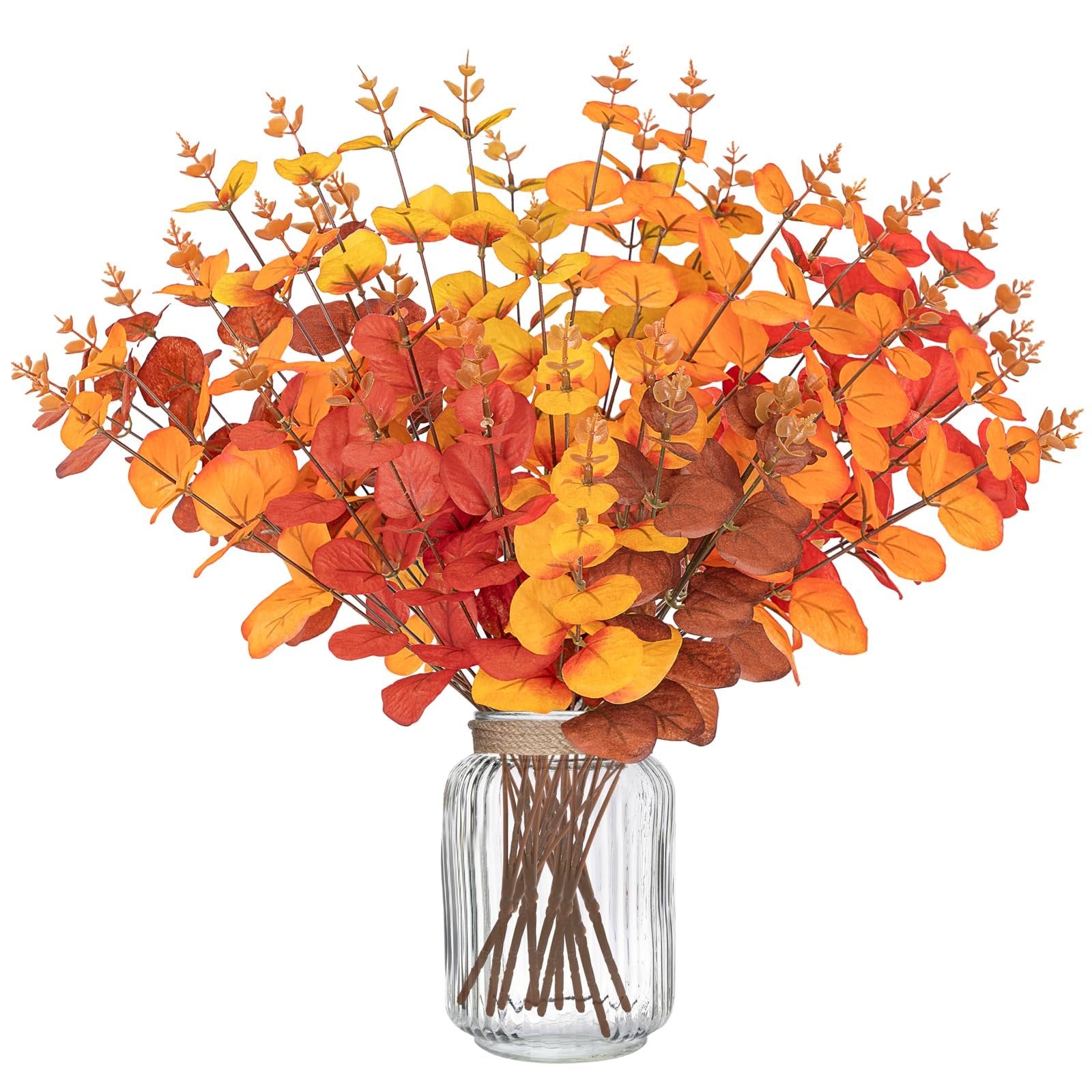 Artificial eucalyptus bouquet in fall colors of orange, red, and yellow, displayed in a ribbed glass vase with twine accent.