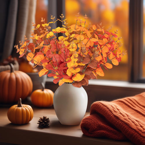 Artificial eucalyptus bouquet in fall colors in a white vase with pumpkins and a sweater on a wooden surface