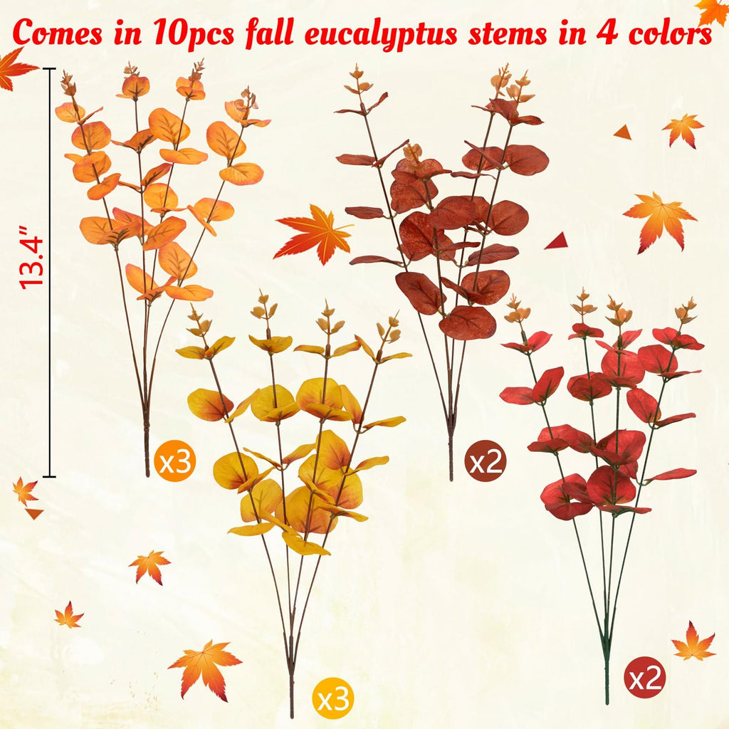 Four bunches of artificial eucalyptus stems in fall colors: orange, red, yellow, and dark red, with maple leaf accents.