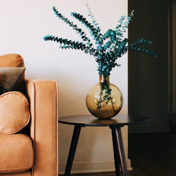 Dried eucalyptus stems in a round amber vase on a side table next to a tan sofa.
