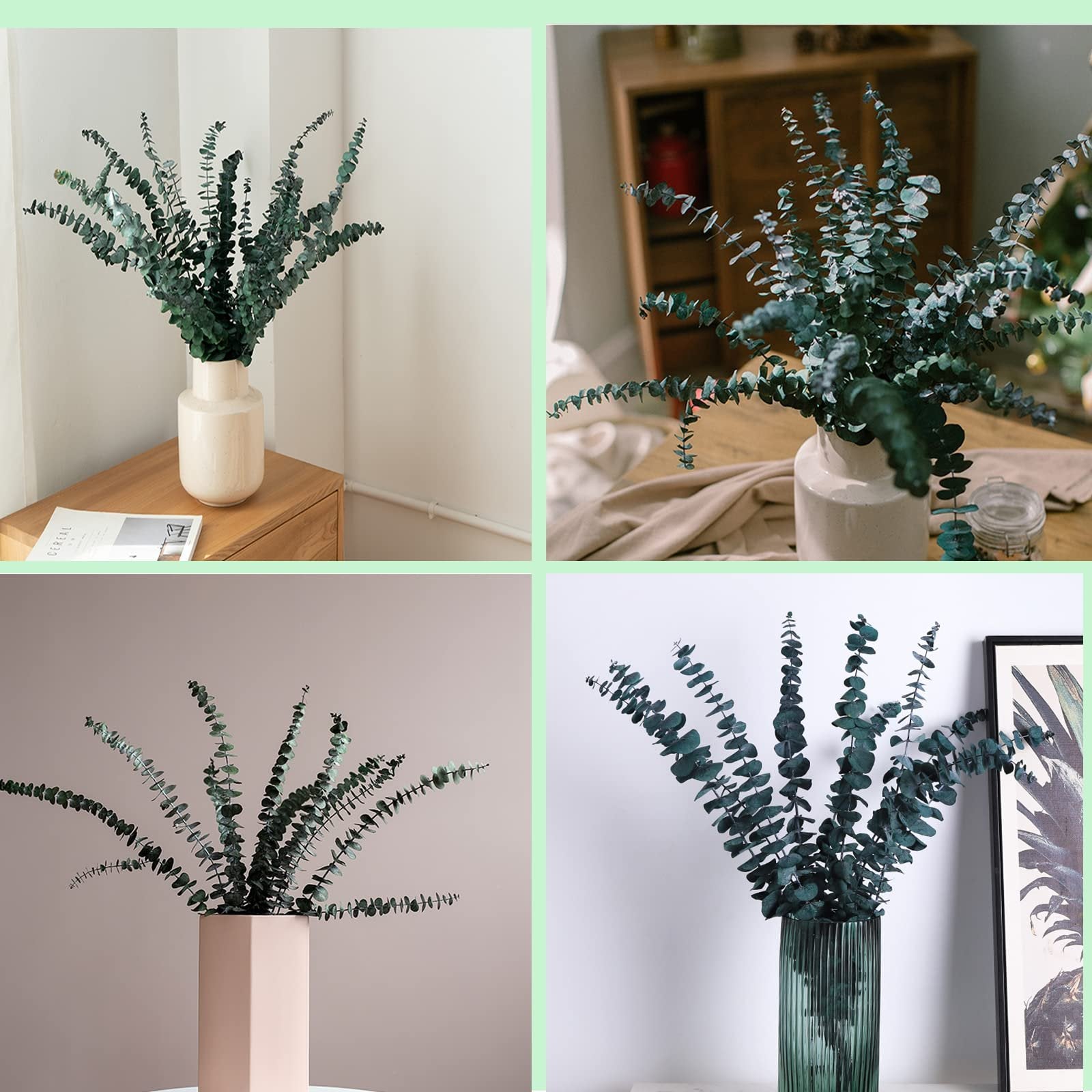 Four arrangements of dried eucalyptus stems in vases, showcasing their natural texture and deep green color in various home settings.