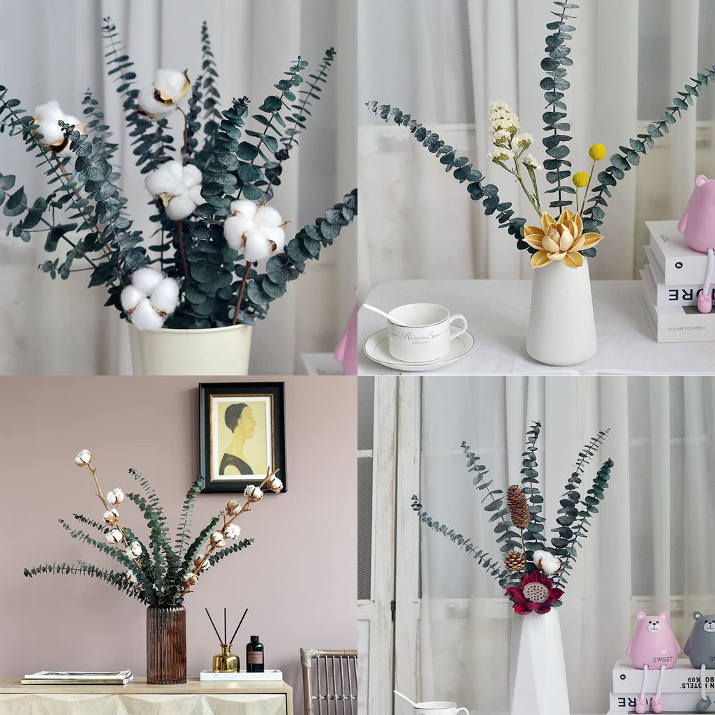 Collage of four arrangements of dried eucalyptus branches with cotton bolls and other decorative elements in vases.