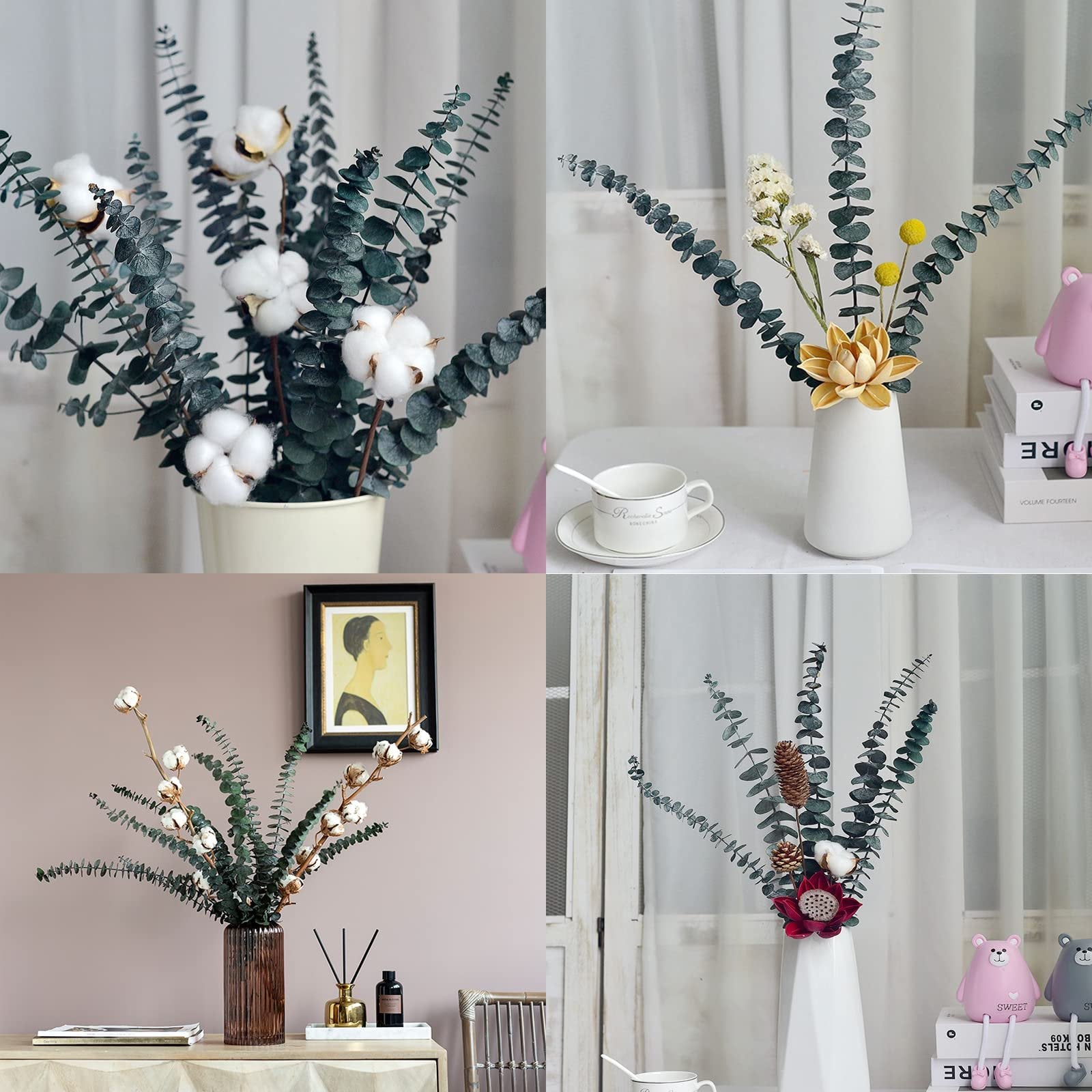 Collage of four arrangements of dried eucalyptus branches with cotton bolls and other decorative elements in vases.